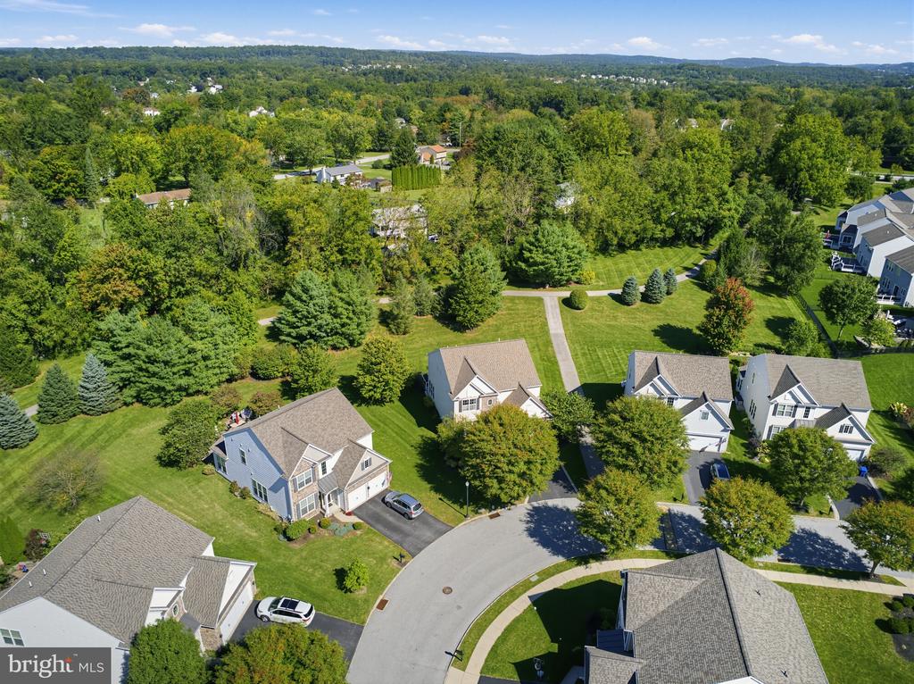 Aerial view of homes around a curved cul-de-sac, with wooded hills beyond.