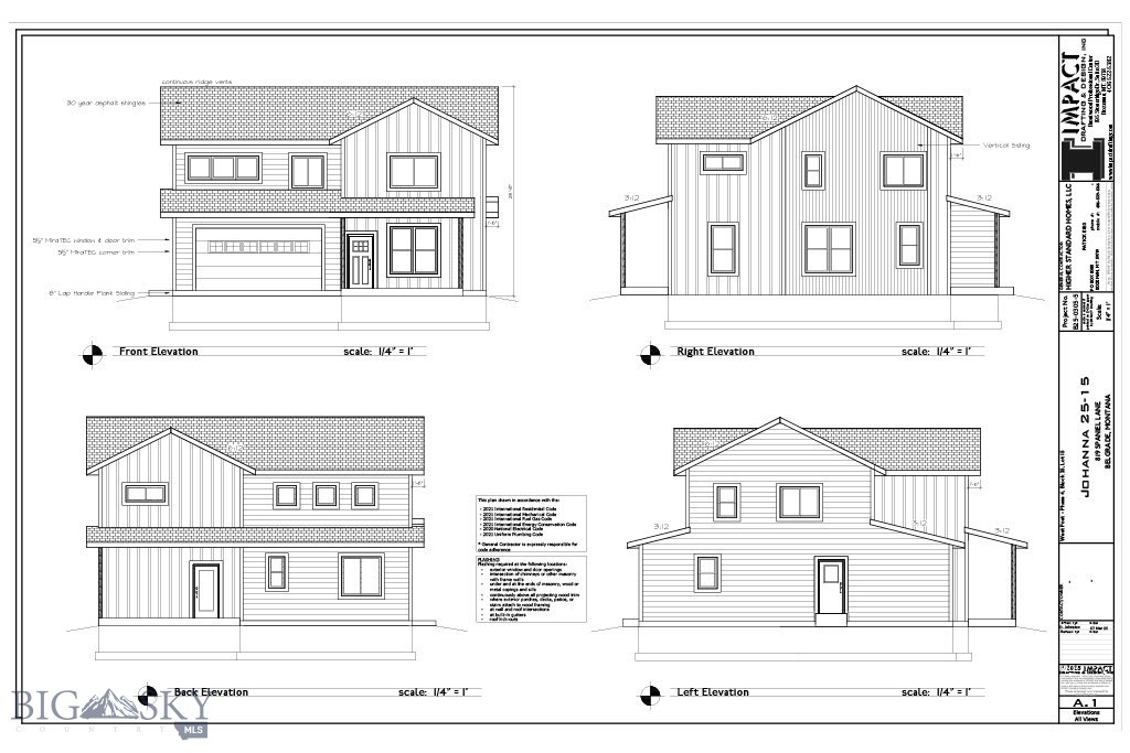 Architectural elevation drawings of a two-story house, showing its front, rear, and side views.