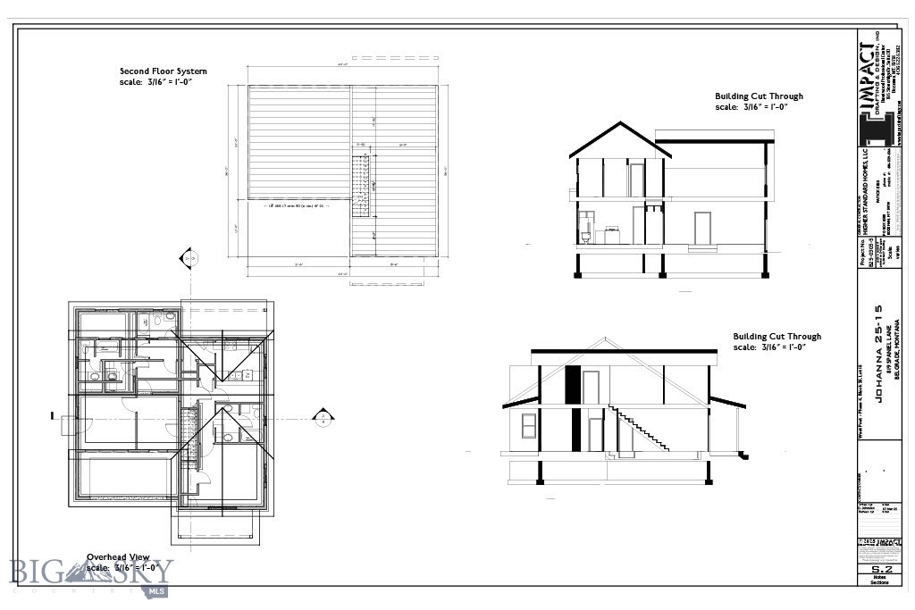 Architectural floor plan and building sections for 819 Spaniel Lane.