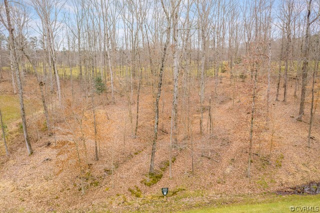 Wooded property with bare trees, leaf-covered ground, and a small property marker.
