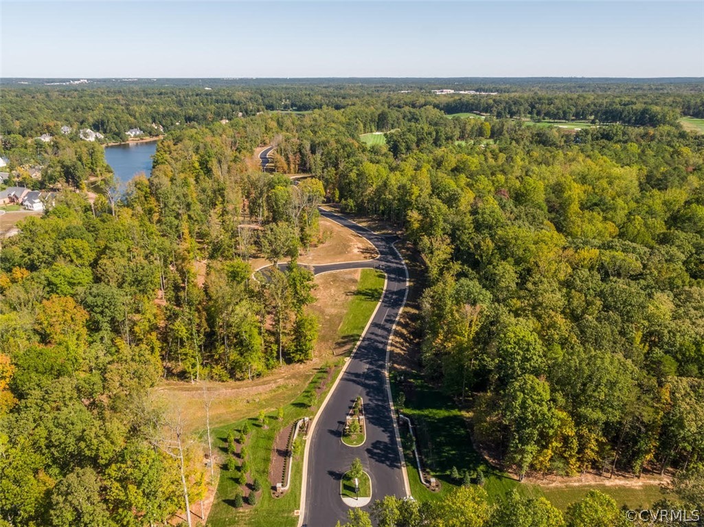 Aerial view of a wooded development with a winding road, cleared lots, and a lake.
