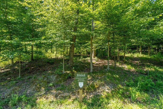 Wooded residential lot with mature trees and a Kinloch real estate sign.