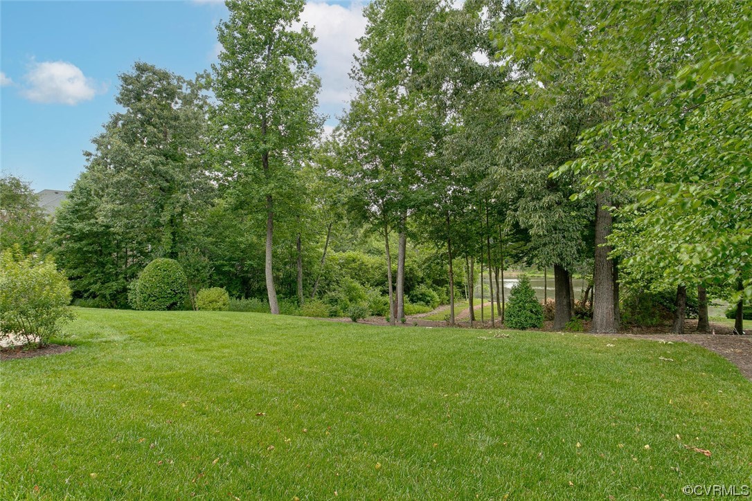 Green lawn bordered by mature trees and landscaped shrubs.