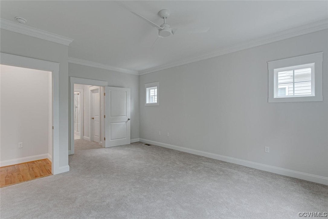 Empty carpeted bedroom with gray walls, a ceiling fan, and two small windows.