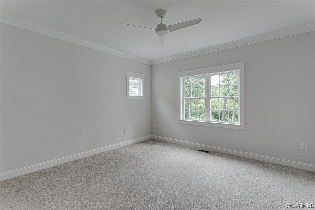 Empty carpeted bedroom with a ceiling fan and windows overlooking trees.