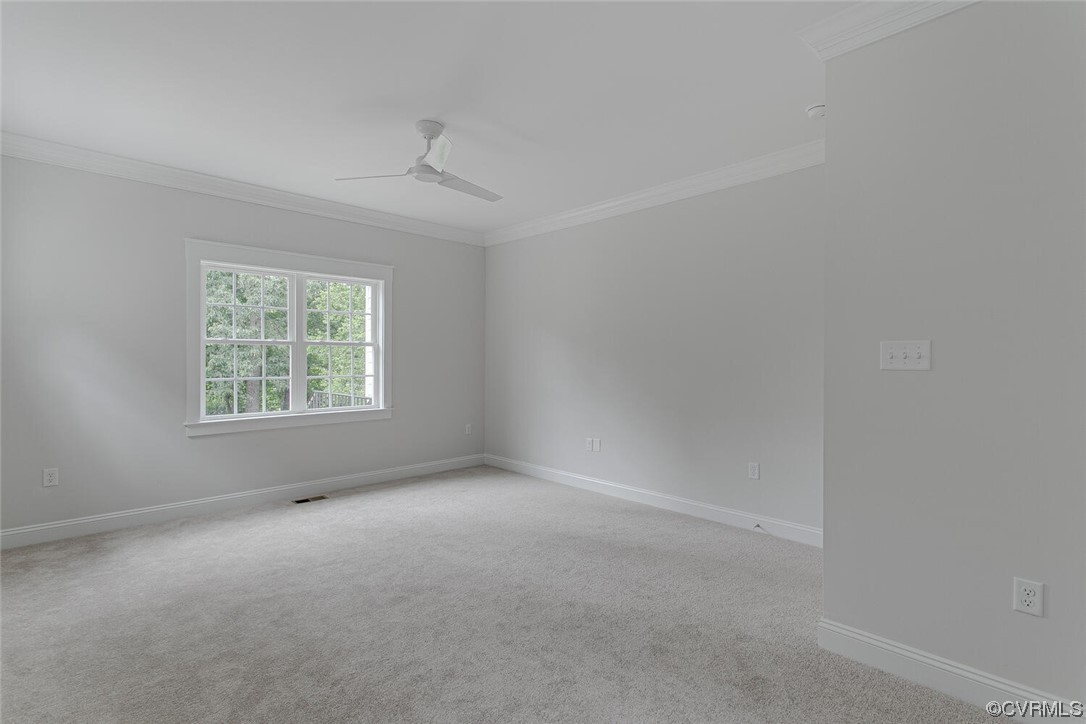 Empty bedroom with pale carpet, a ceiling fan, and a divided-pane window overlooking trees.