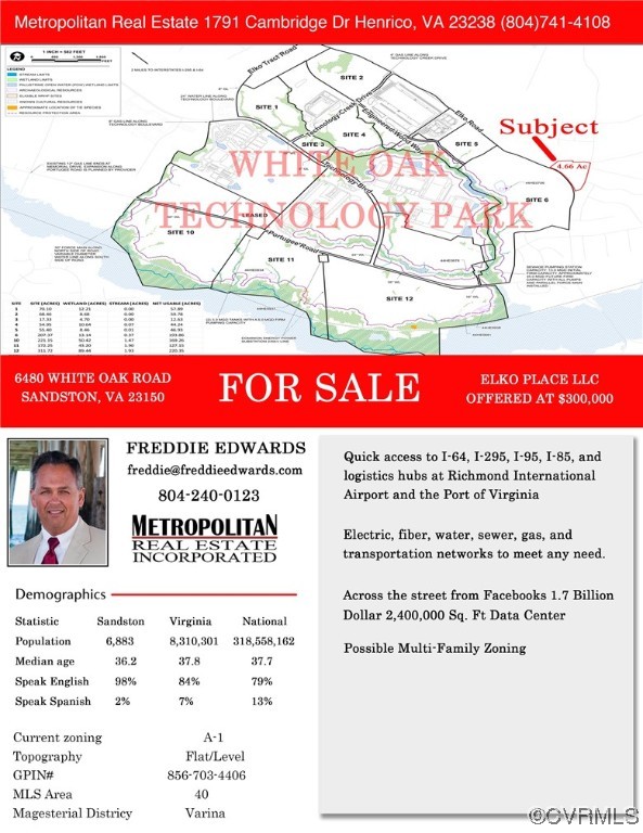 6480 White Oak Road sales flyer with a White Oak Technology Park map and 4.66-acre parcel marked for sale.