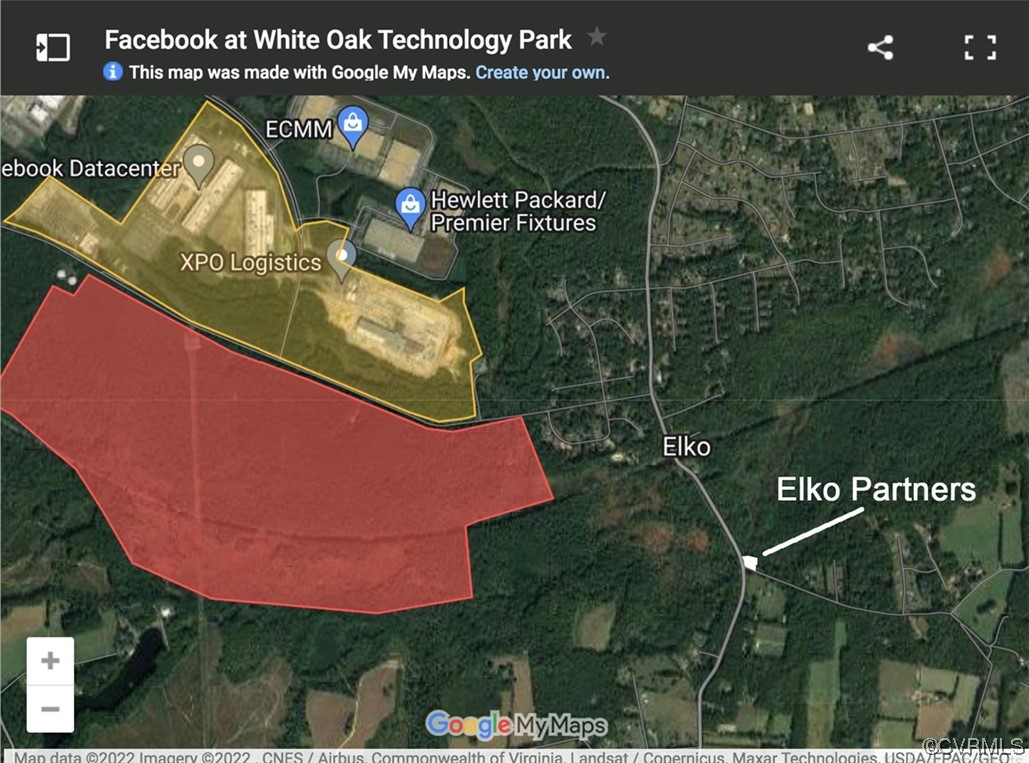 Map of a red-shaded parcel near Elko, with an arrow pointing to Elko Partners.