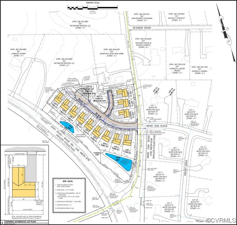 Schematic subdivision plan with numbered lots, labeled roads, open space, and a lot-width diagram.