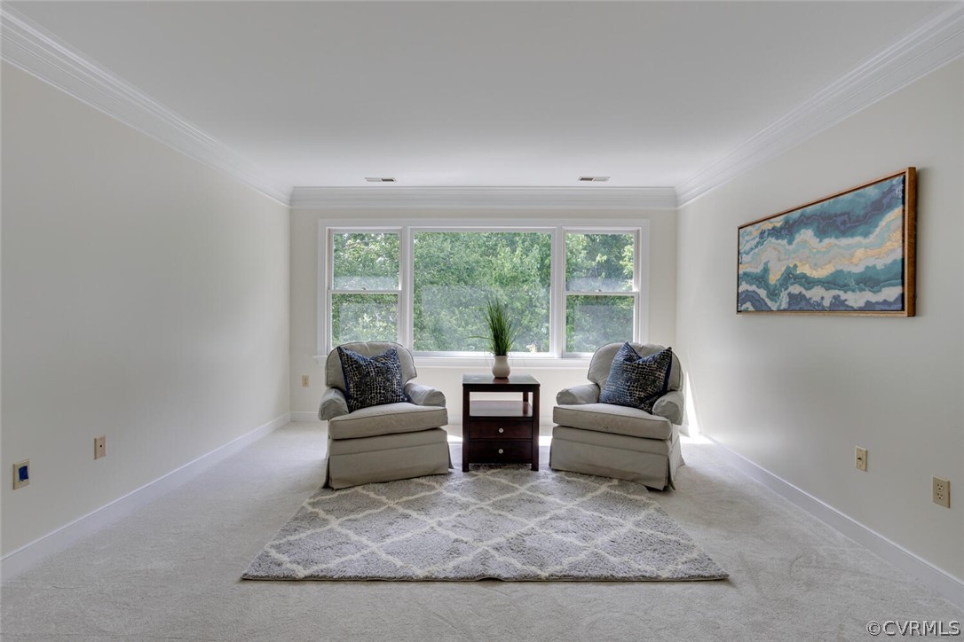 Staged sitting area with two armchairs, a patterned rug, and a wide window overlooking trees.