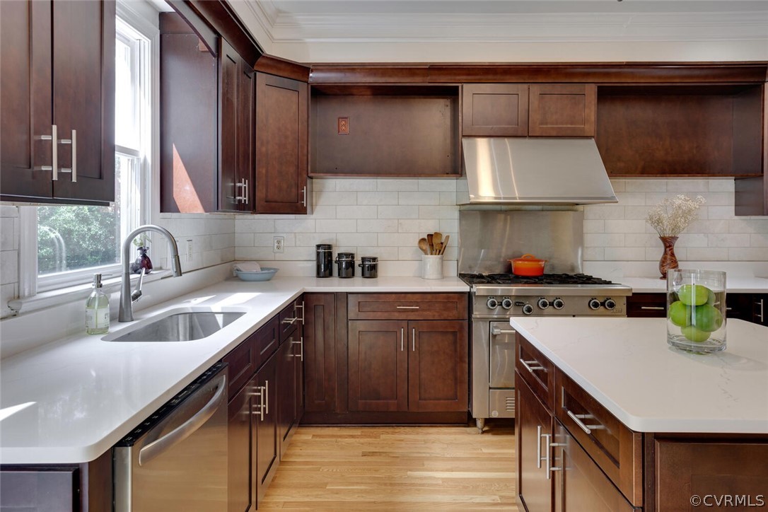 Kitchen with dark wood cabinets, white counters, and a stainless steel range beneath a wide hood.