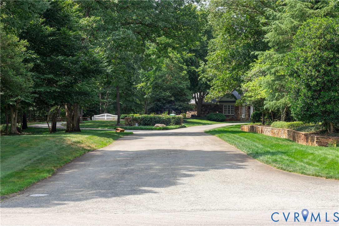 Tree-lined driveway leading to a partially visible stone-and-brick home.