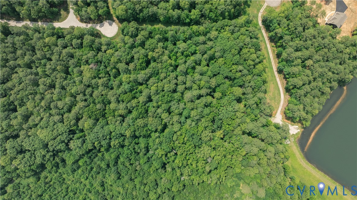 Wooded property bordering a pond, with a winding access drive and a house nearby.