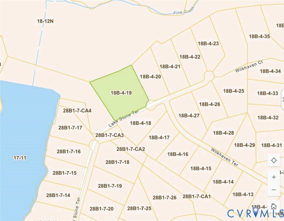 Parcel map with lot 18B-4-19 highlighted in green beside Lake Stone Ter.