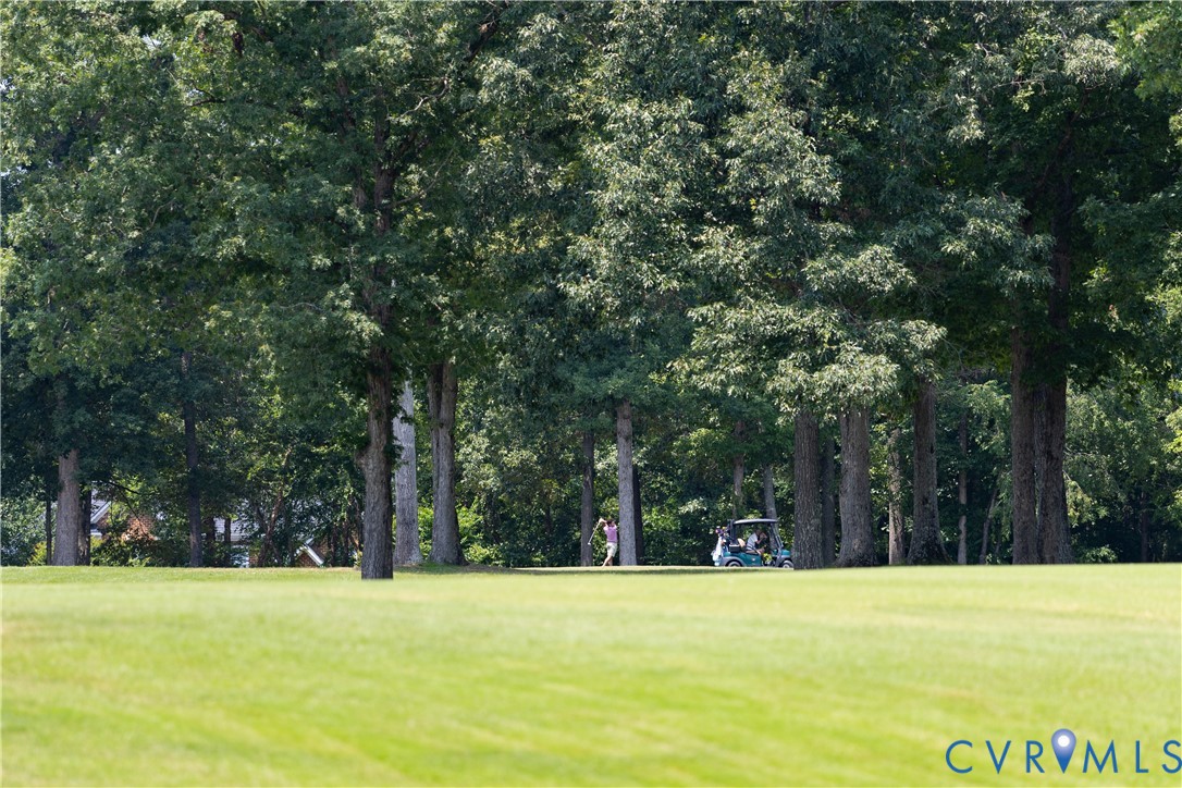 Manicured golf course bordered by mature trees, with a golf cart near the tree line.