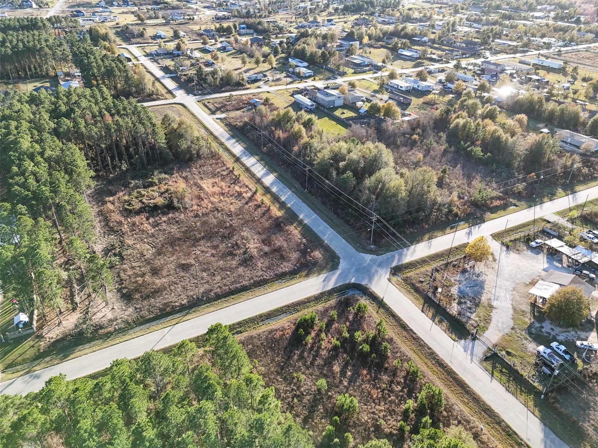 Aerial view of a brush-covered vacant lot bordered by tall trees at a residential road intersection.