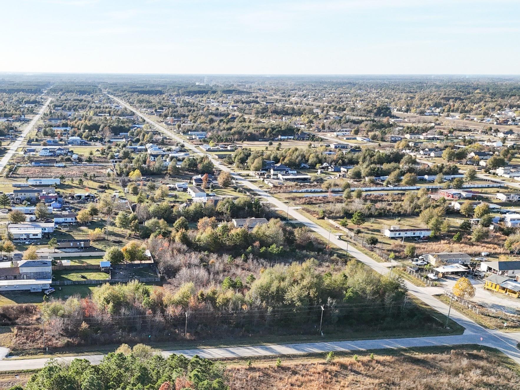 Aerial view of a residential area with scattered homes, trees, and intersecting roads.
