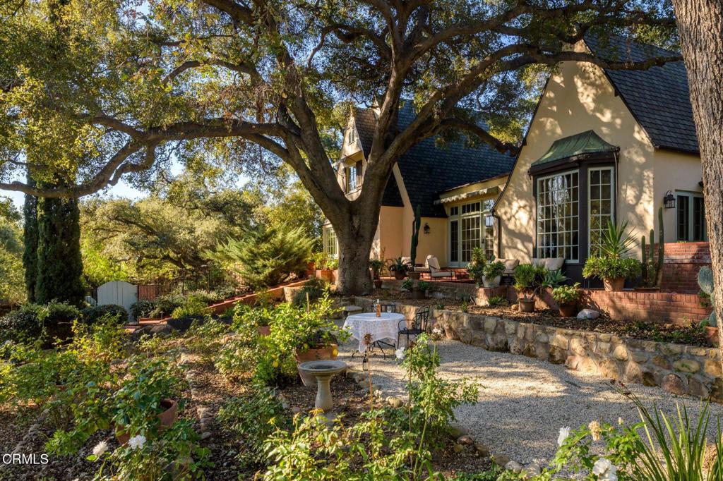 Ojai home with a steep dark roof behind a large oak tree and landscaped gravel courtyard.