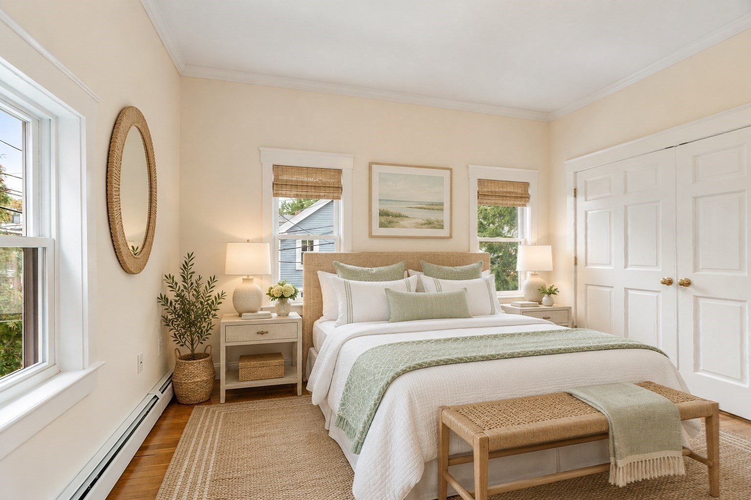 Bright staged bedroom with a woven headboard, white bedding, and tall windows with woven shades.