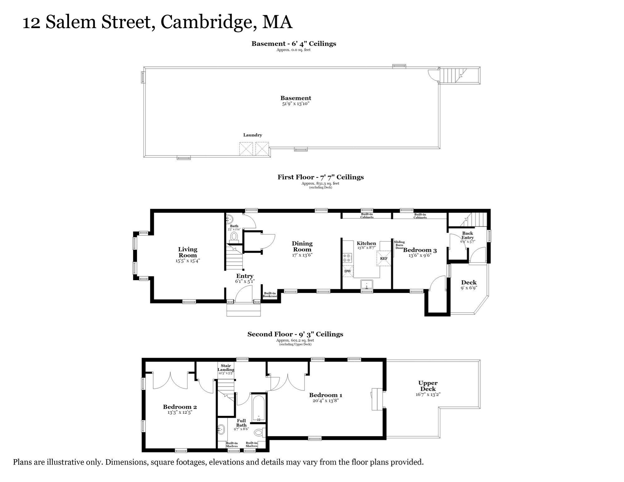 Three-level floor plan for 12 Salem Street, showing room layouts, dimensions, and decks.