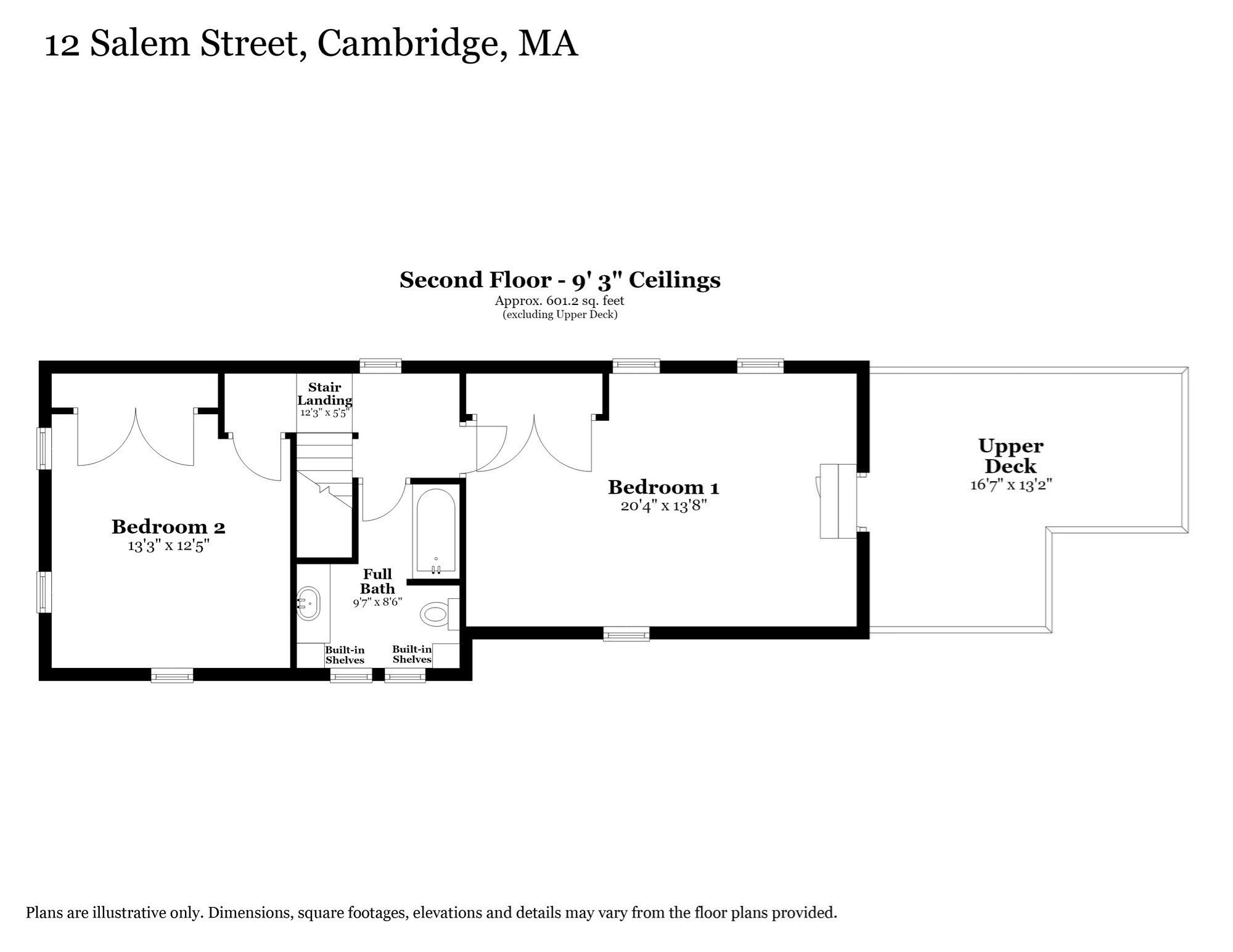 Second-floor plan with two bedrooms, a full bath, stair landing, and upper deck.