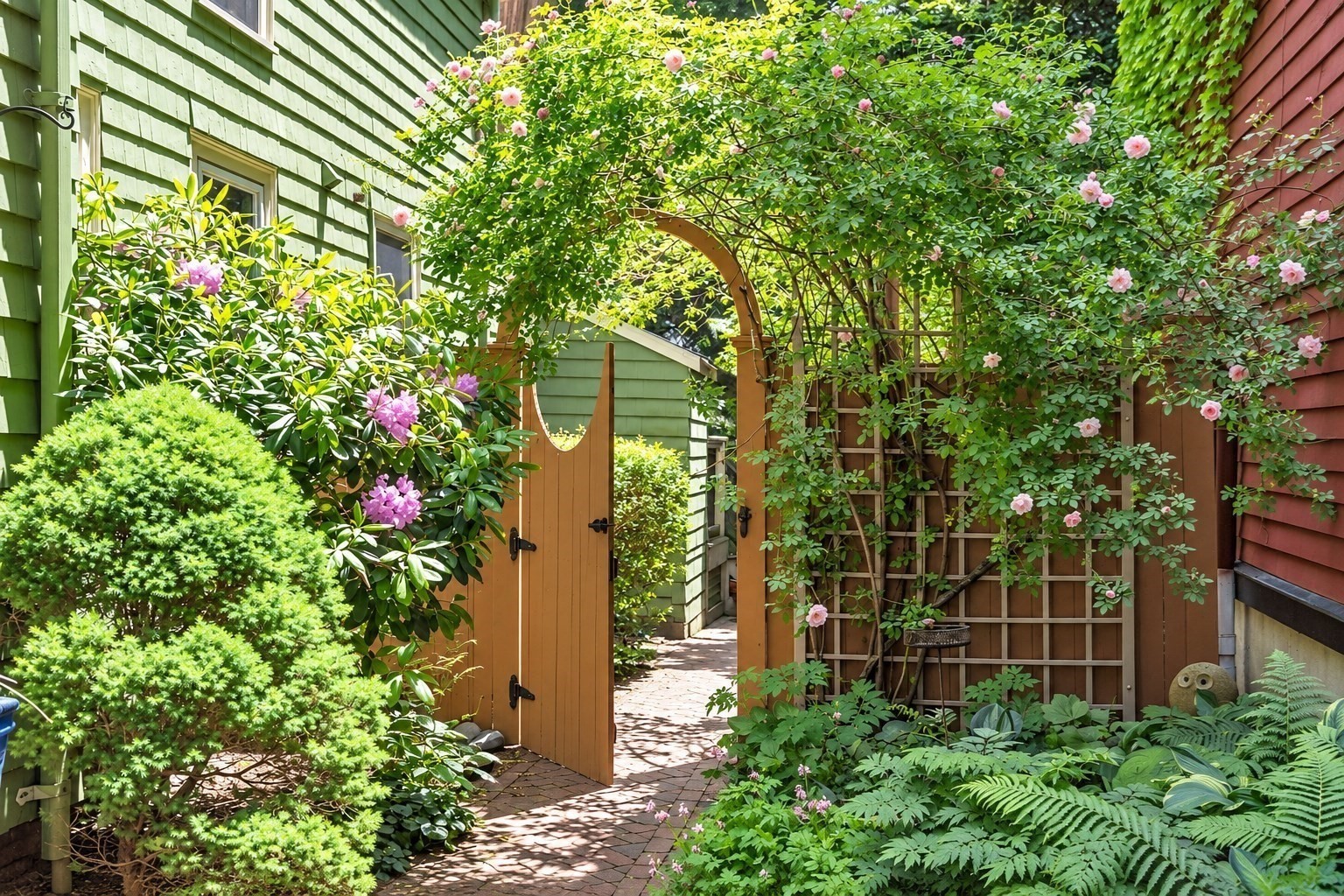 Garden courtyard with a brick path, open wooden gate, and pink roses climbing a trellis.
