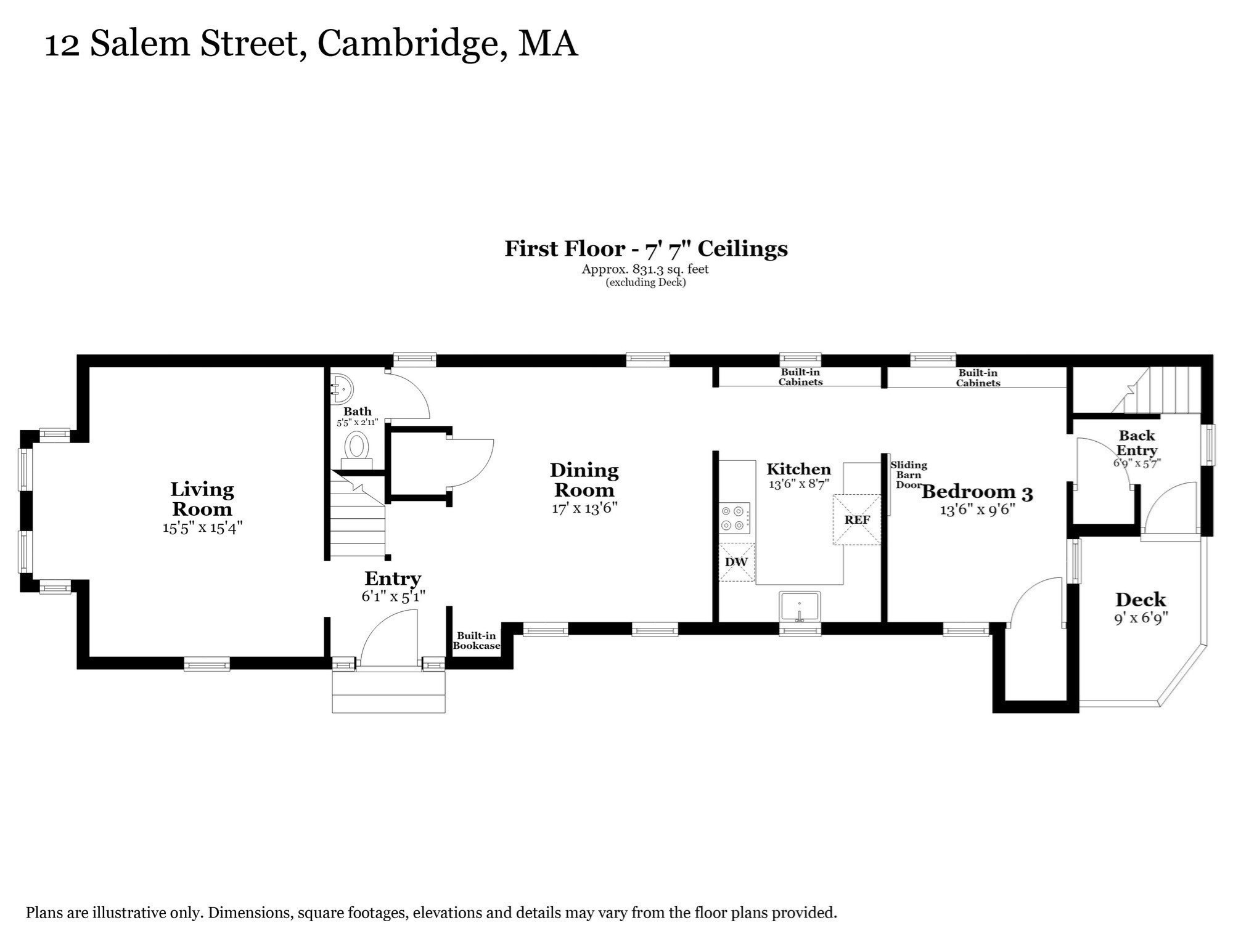 First-floor plan for 12 Salem Street, showing room labels, dimensions, a kitchen, bedroom, and deck.