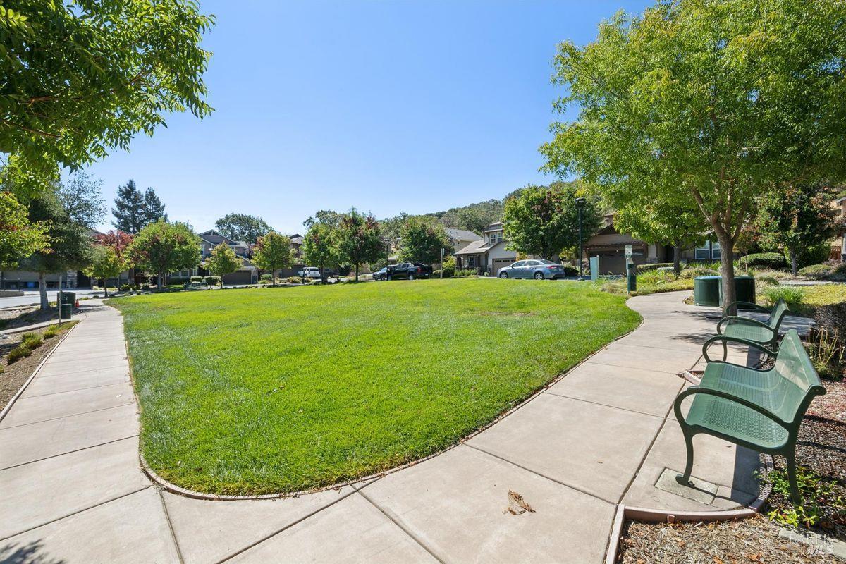 Neighborhood green with a broad lawn, curving sidewalks, and benches beneath mature trees.