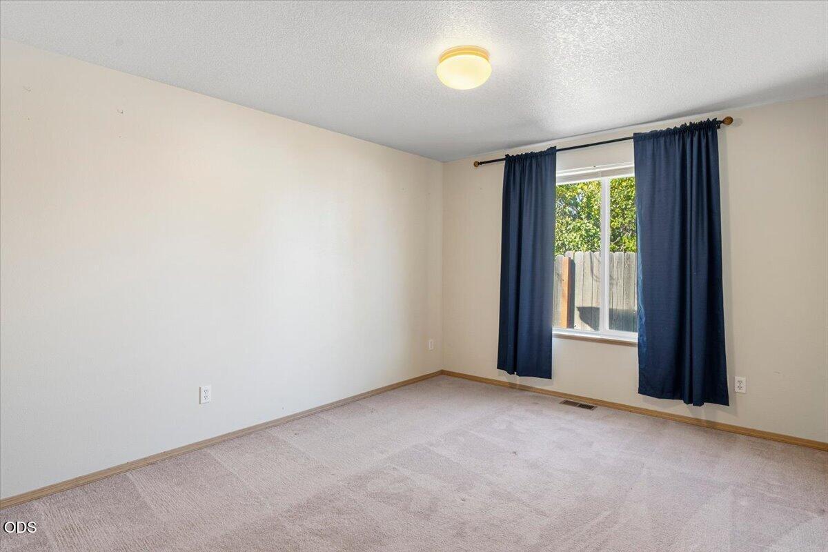 Empty bedroom with light carpet and dark blue curtains framing a sunny window.