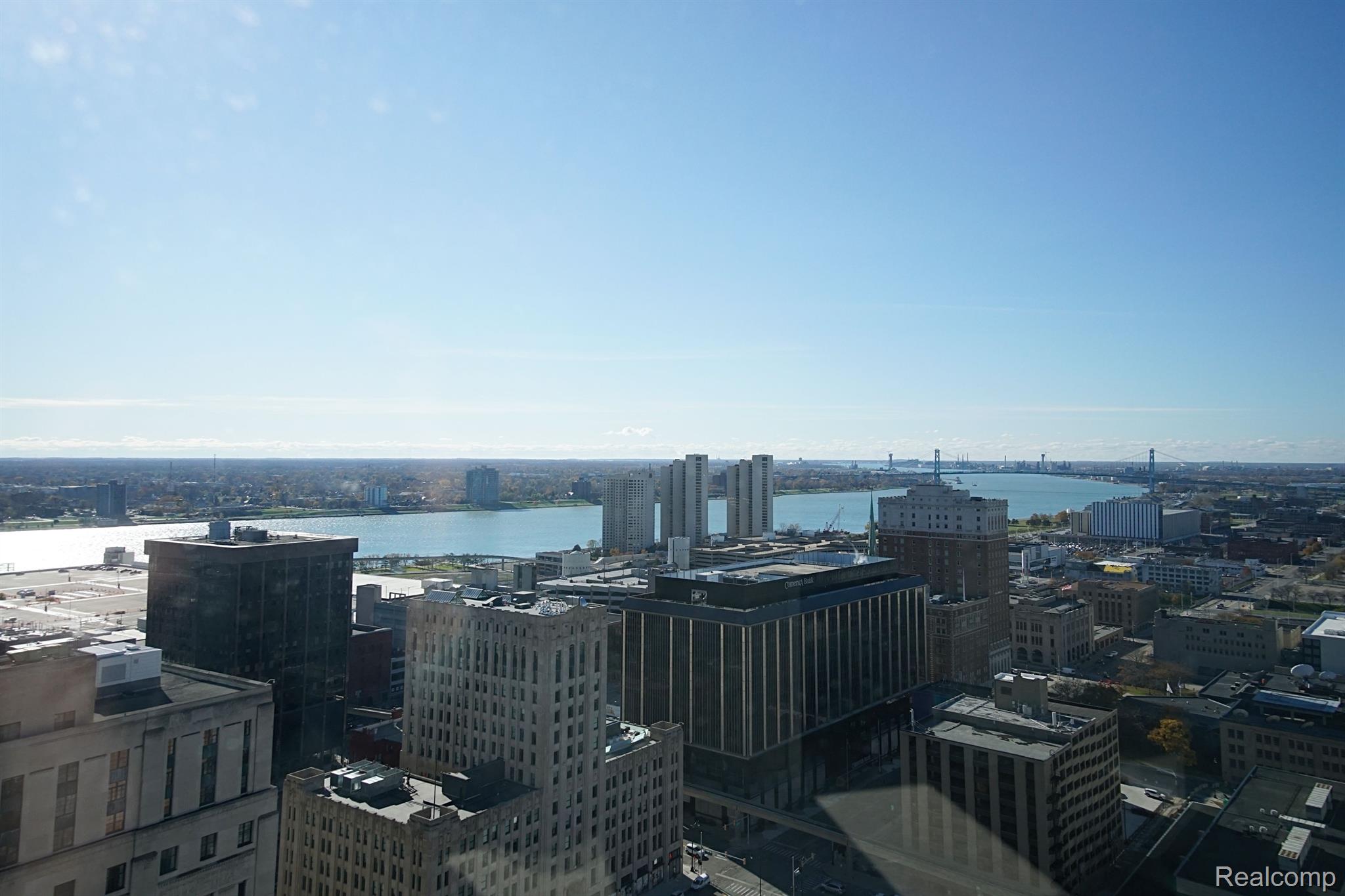 Downtown Detroit skyline and the Detroit River viewed from a high-rise.
