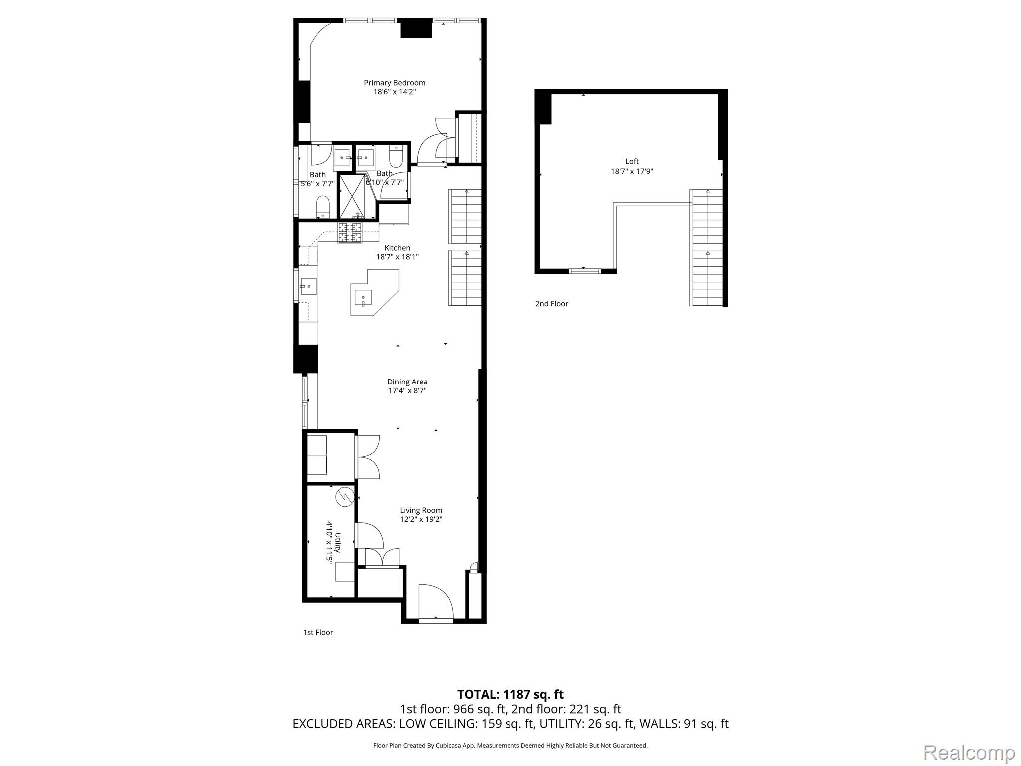 Two-level floor plan showing a primary bedroom, kitchen, living and dining areas, two baths, utility area, and loft.