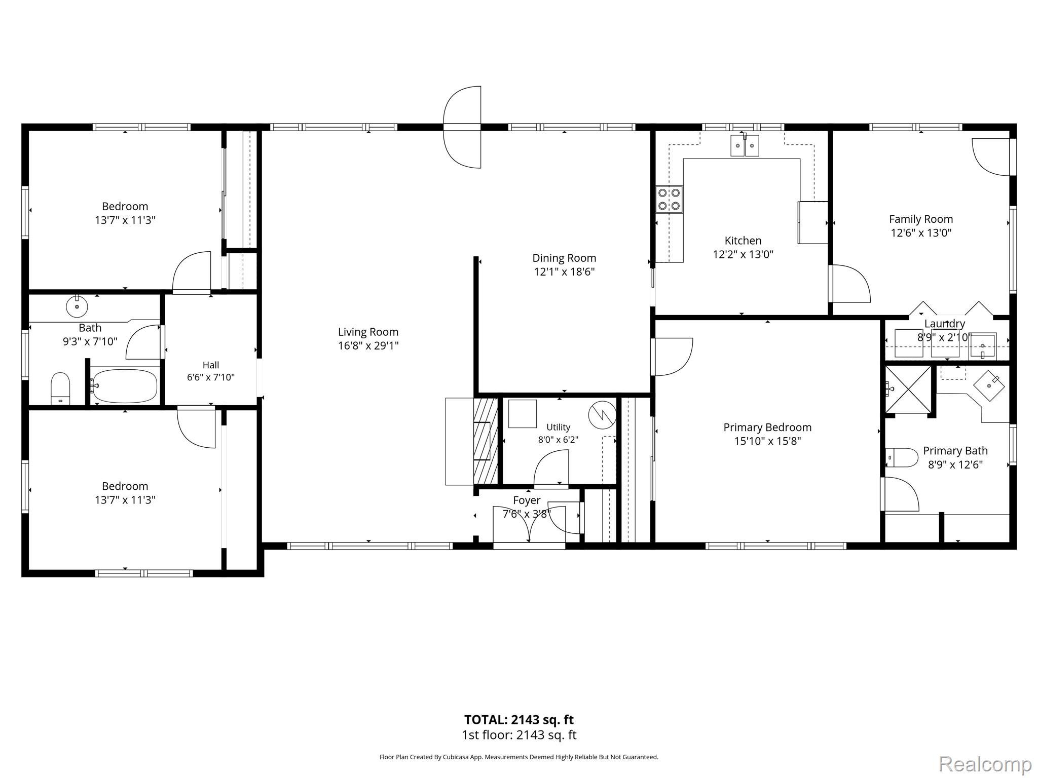 Single-story floor plan showing three bedrooms, two baths, open living and dining rooms, and 2,143 square feet.