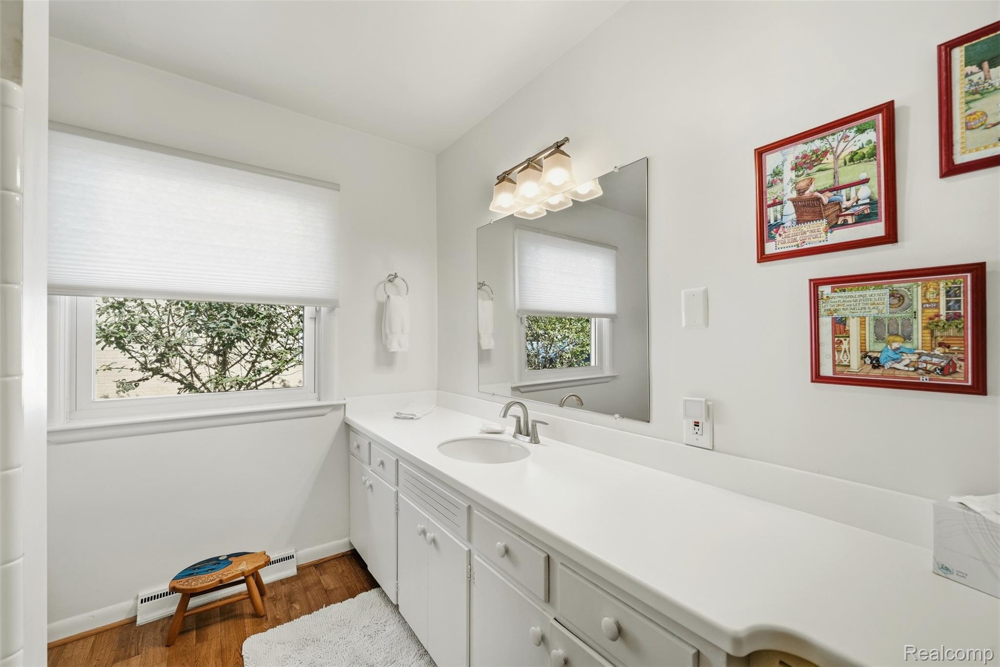 Bathroom with a long white vanity, large mirror, and window overlooking greenery.