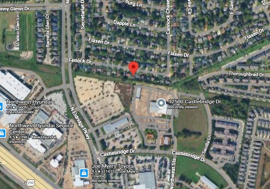 Satellite map marking a location on Fetlock Drive near Castlebridge Drive in Houston.