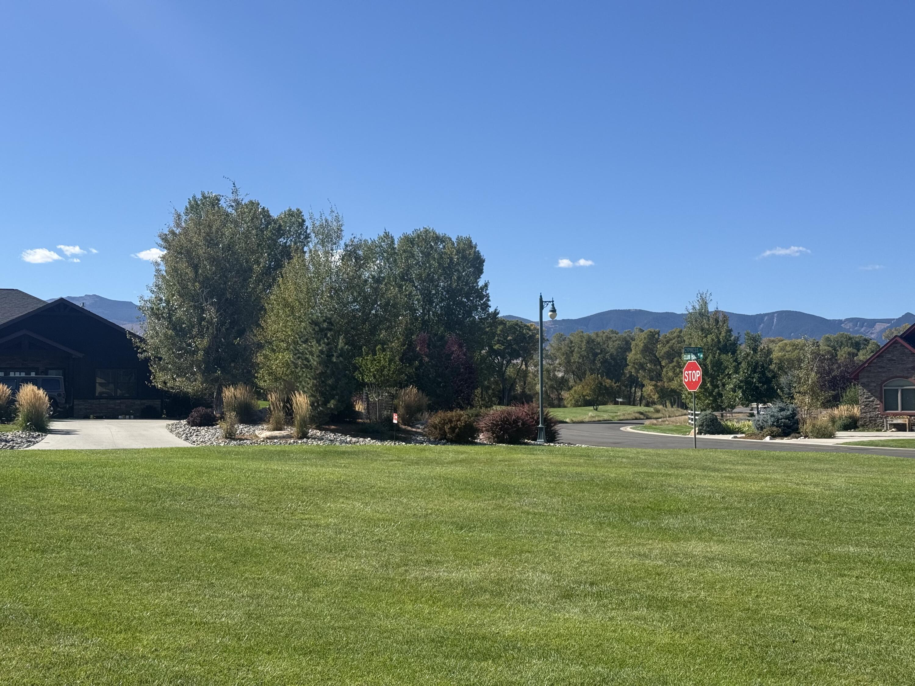 Neighborhood lawn and landscaped homes with mature trees and mountains in the distance.