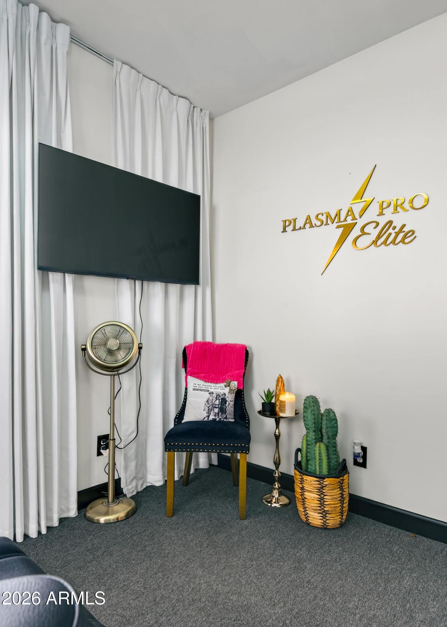 Interior corner with a wall-mounted TV, pink-covered chair, standing fan, and potted cactus.