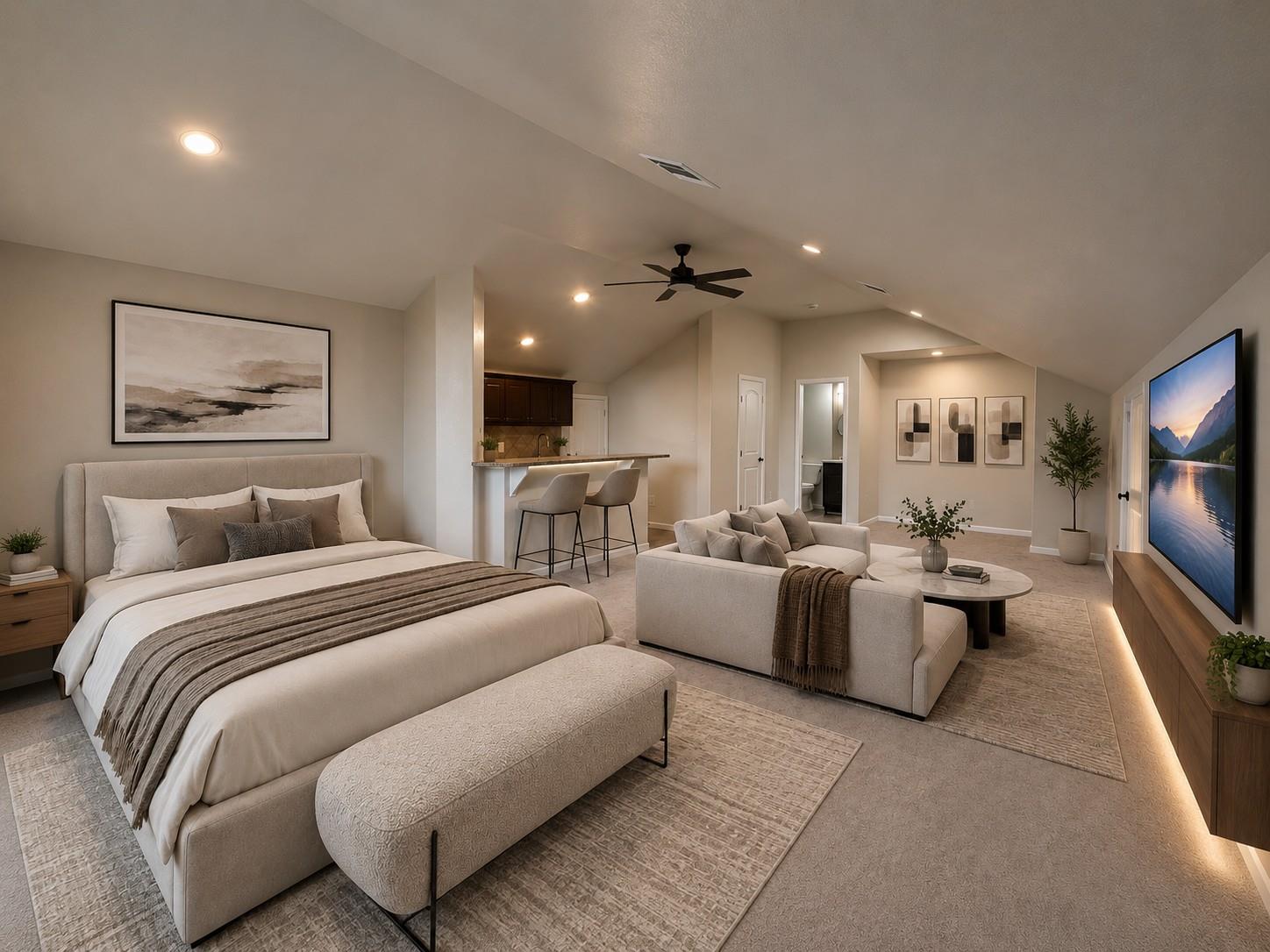 Bedroom suite with a king bed, sitting area, kitchenette, and vaulted ceiling.