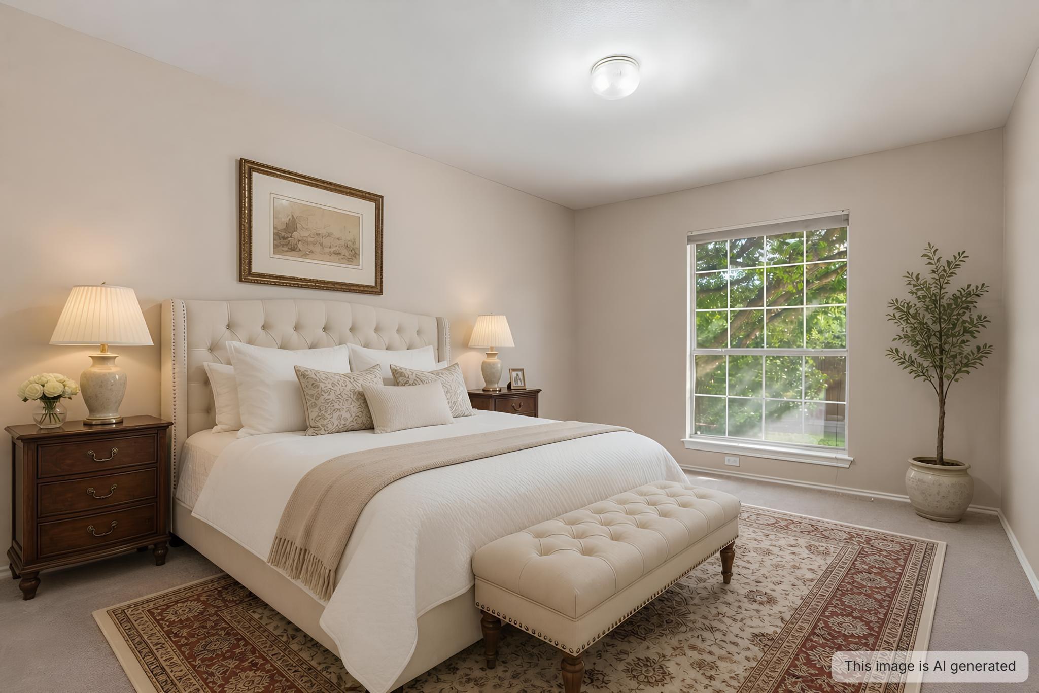 Staged bedroom with a cream tufted bed, upholstered bench, and a large window overlooking trees.