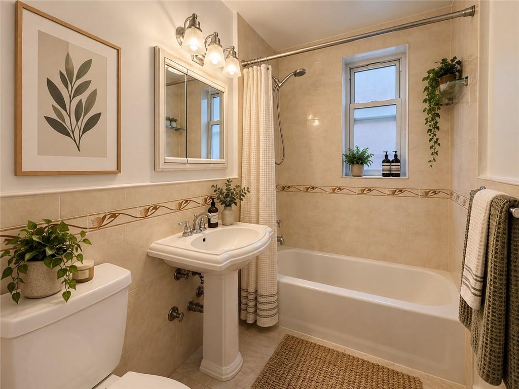 Bathroom with beige tile, a white pedestal sink, and a bathtub beneath a window.