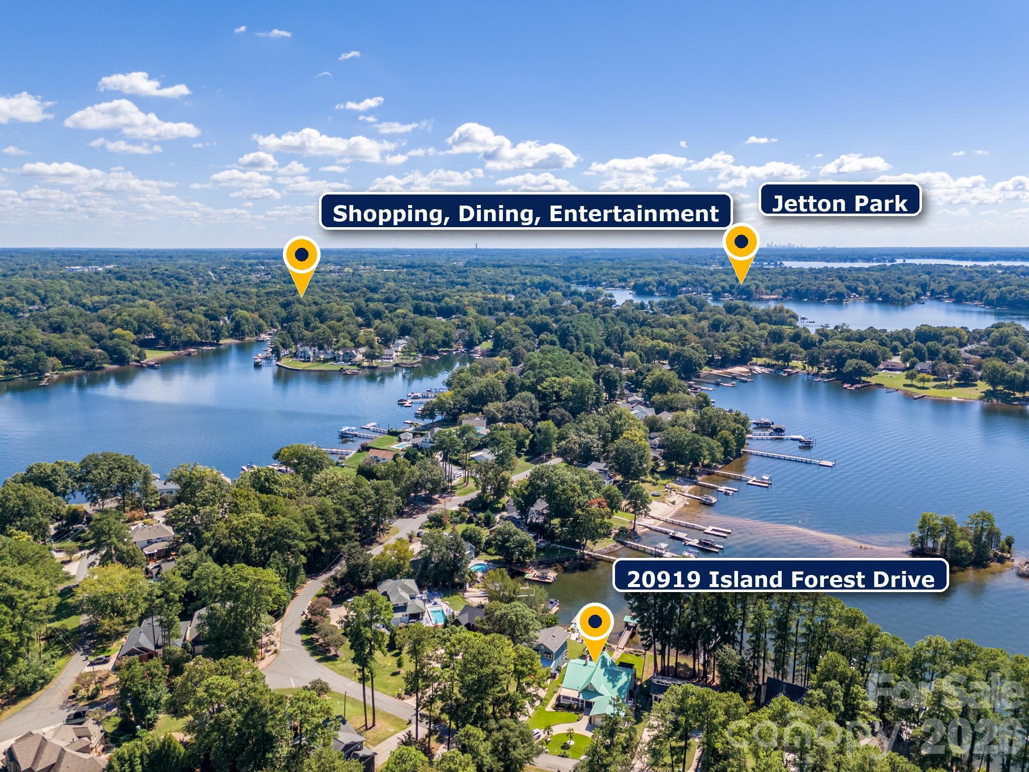 Aerial view of a wooded lakeside neighborhood, with shoreline homes and docks marked by location pins.