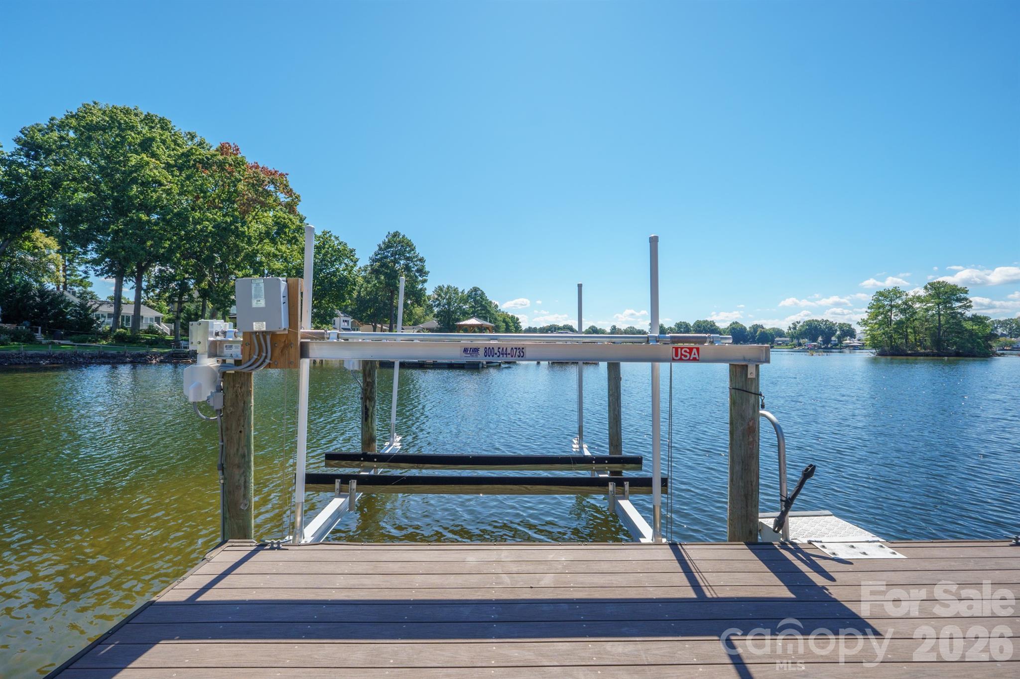 Lakeside dock with a boat lift and tree-lined shoreline.