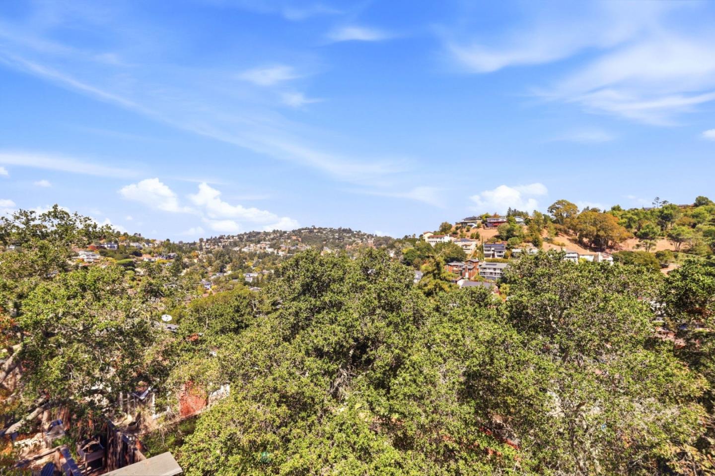 Residential hillside view with homes on rolling hills beyond dense foreground trees.