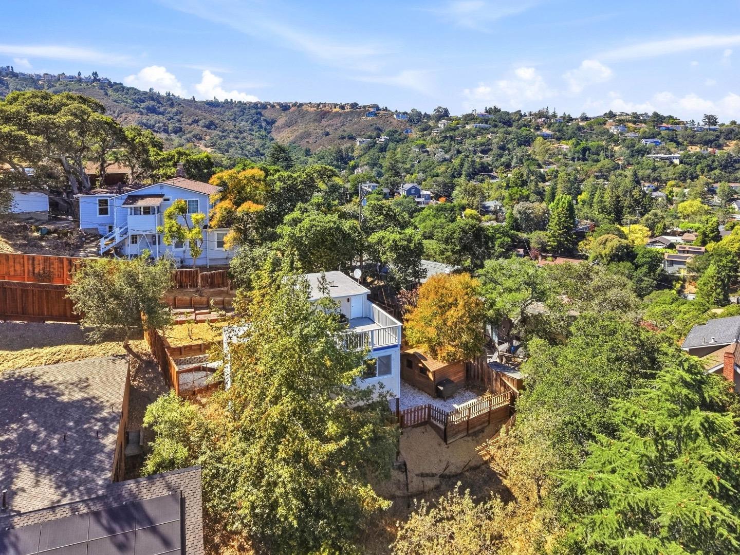 Aerial view of a blue house among wooded San Carlos hills and neighboring homes.