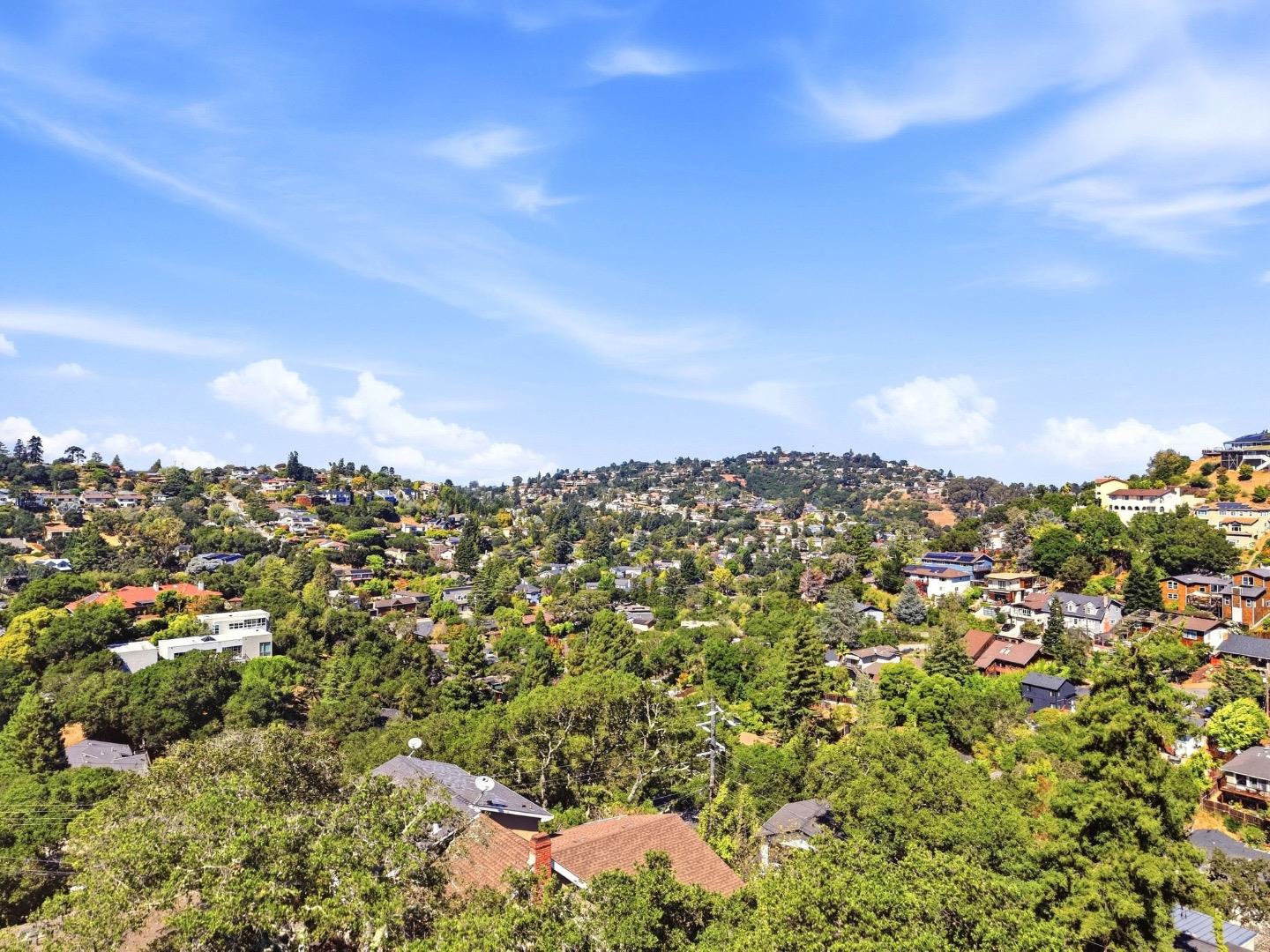 Panoramic hillside neighborhood view with homes among trees beneath a blue sky.