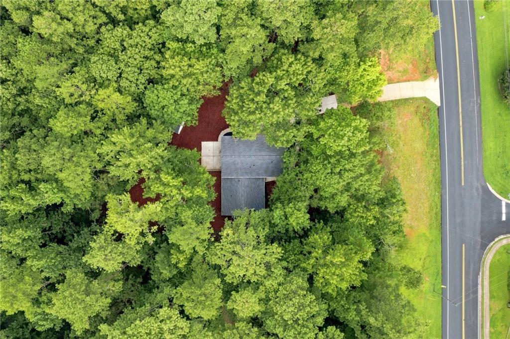 Aerial view of a house nestled among dense trees beside a road.