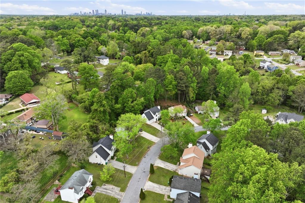 Aerial view of a tree-filled neighborhood with detached homes and a distant city skyline.