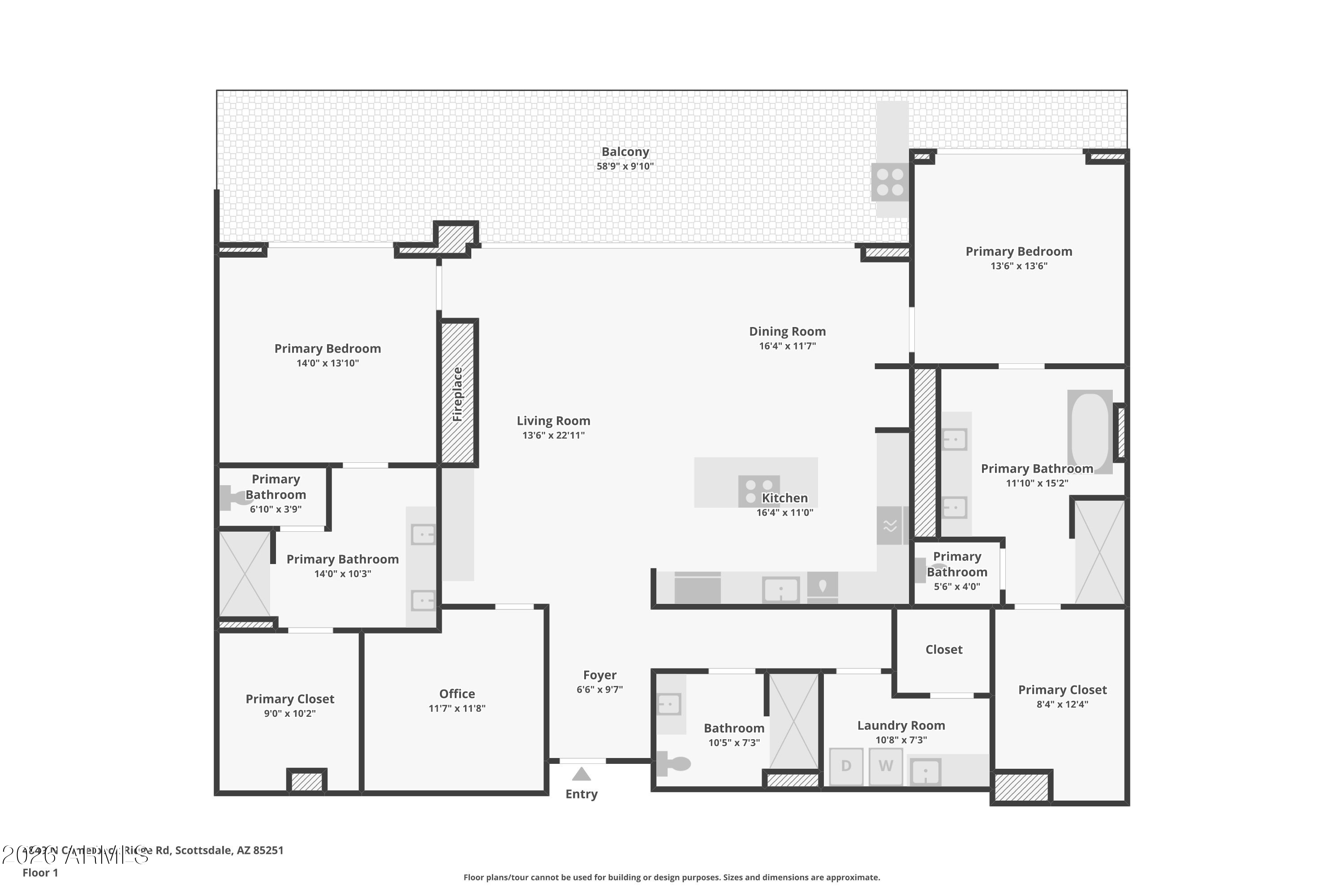 Floor plan with two primary bedrooms, a large living and dining area, kitchen, balcony, office, and laundry room.