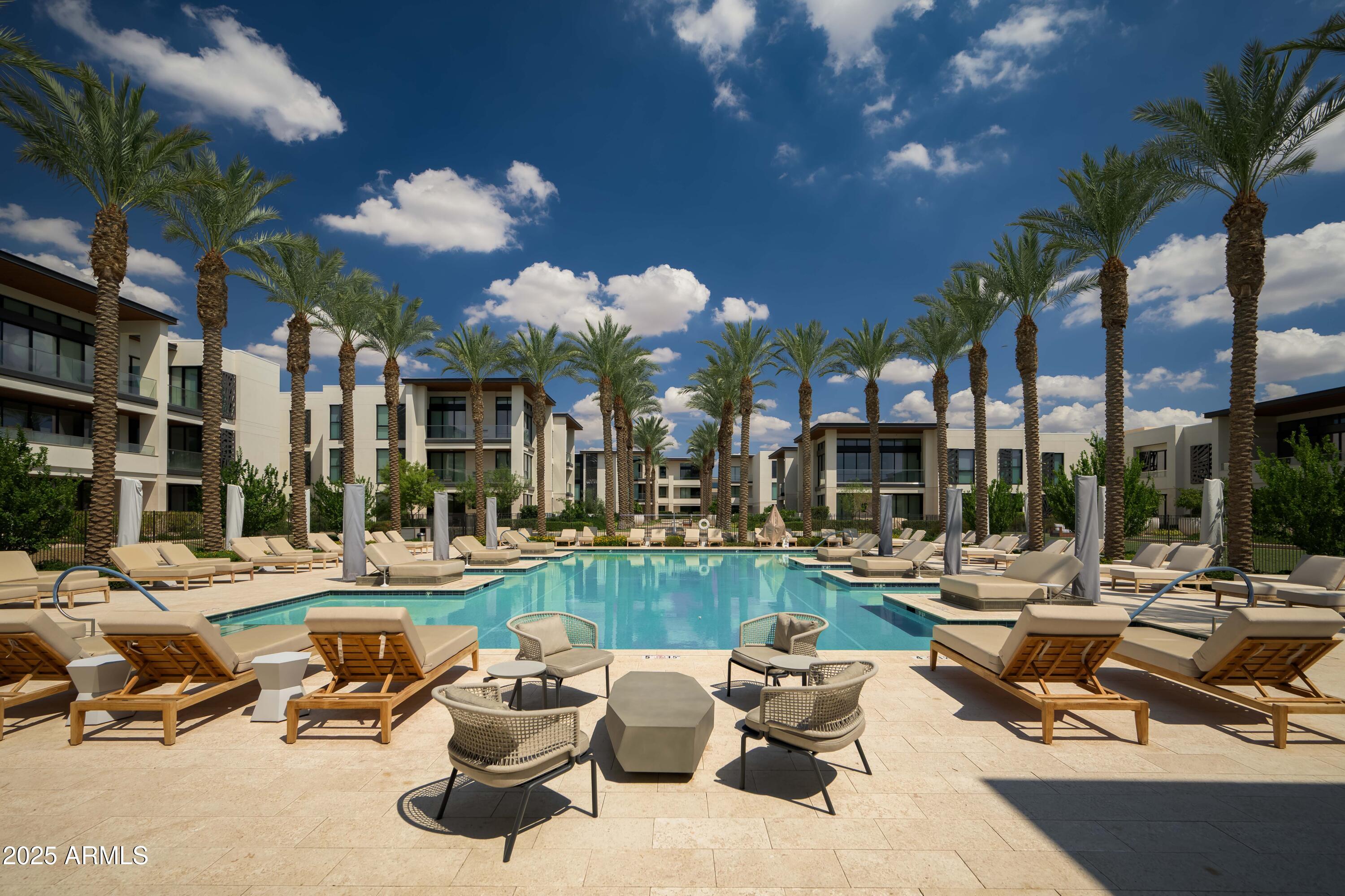 Outdoor pool with lounge chairs and palm trees, surrounded by modern residential buildings.