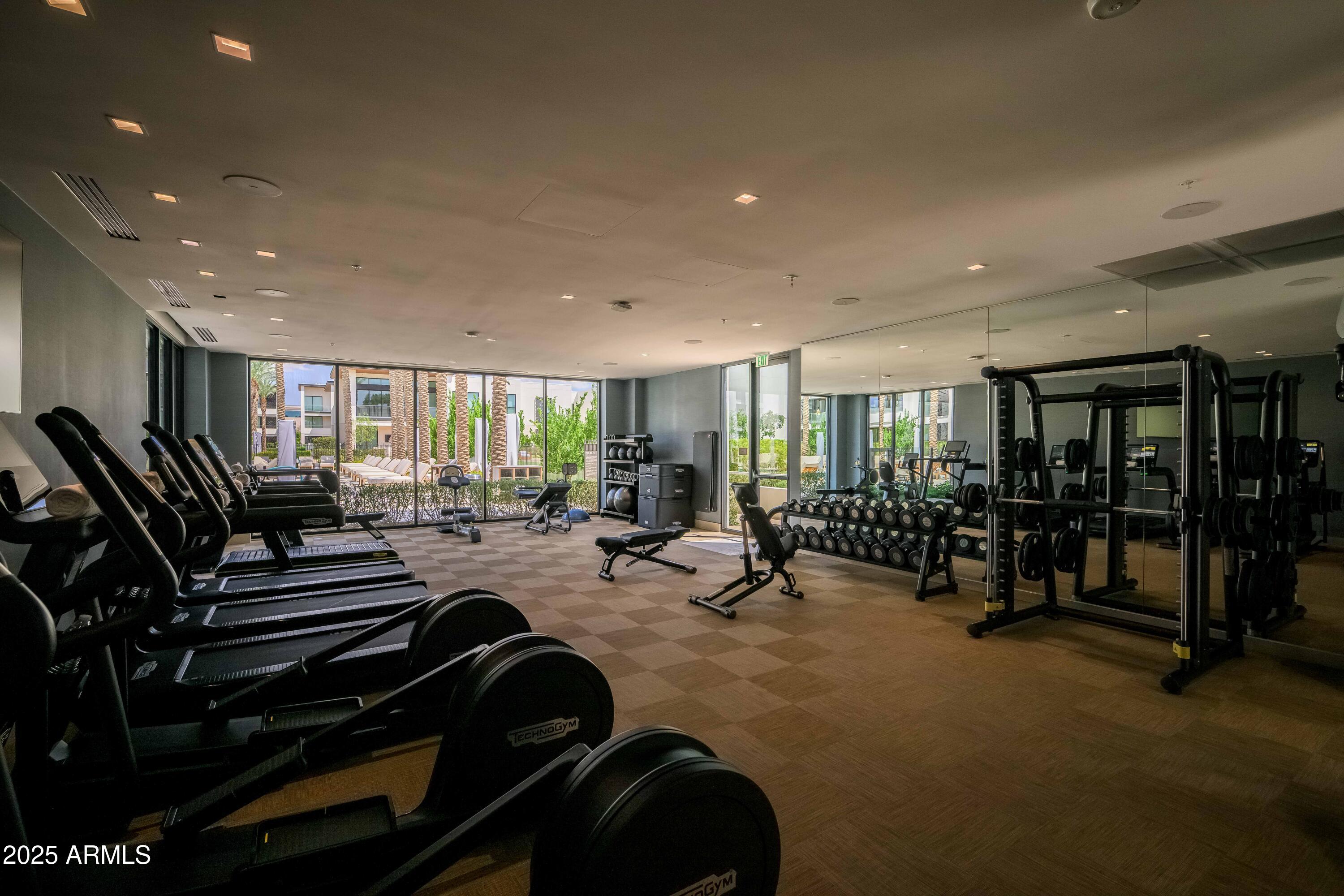 Fitness center with treadmills, weight equipment, mirrored wall, and windows overlooking a palm-lined courtyard.