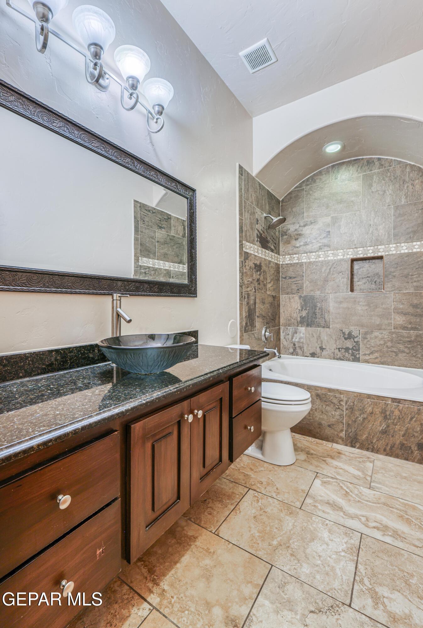 Bathroom with a dark wood vanity and vessel sink beside an arched, tiled tub and shower.